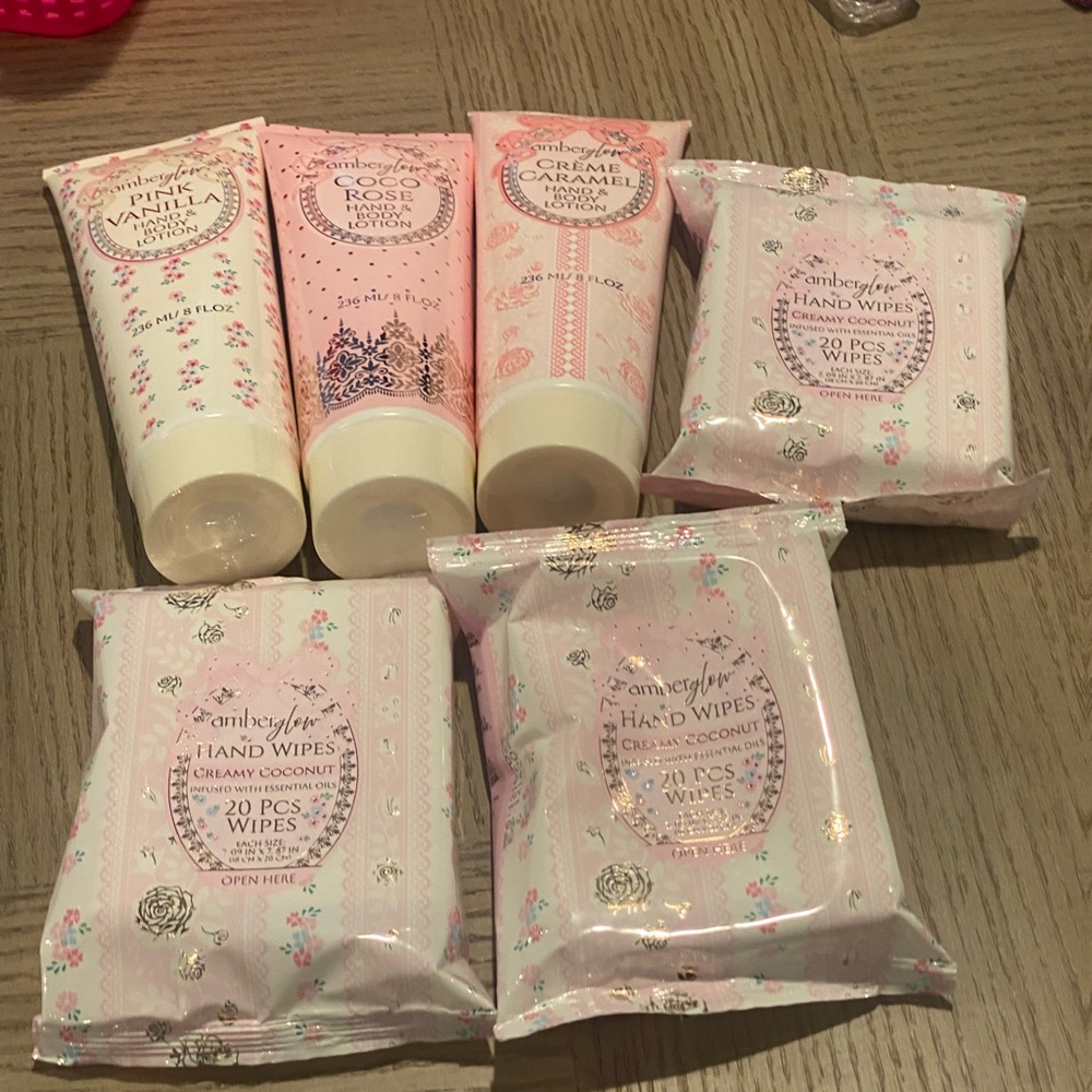 Amber glow hand & body lotion body care hand wipes lot of 6 pieces